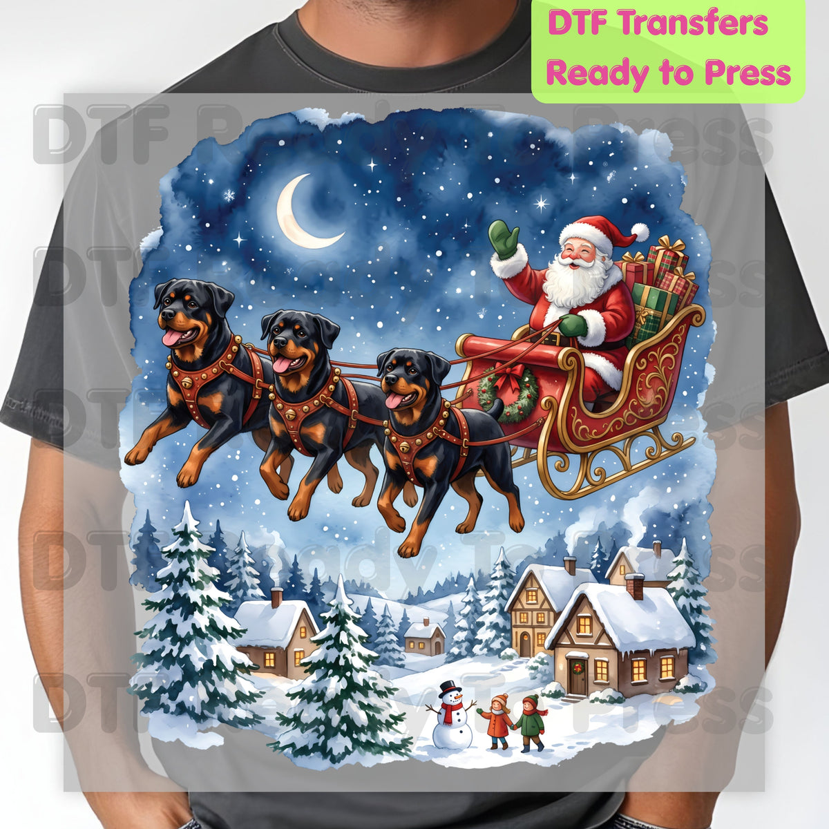 Christmas DTF Transfer, Santa Sleigh with Flying Rottweiler Dogs