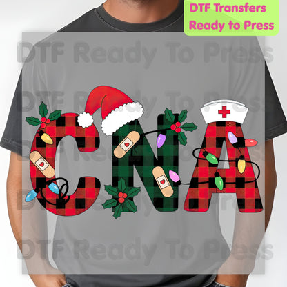 Christmas CNA Buffalo Plaid DTF Transfers, Medical Nursing Lights Bandage Holiday Ready to Press