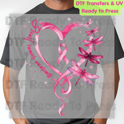 Breast Cancer Awareness Pink Heart Dragonfly DTF Transfer Ready to Press Heat Transfer Ribbon Tee