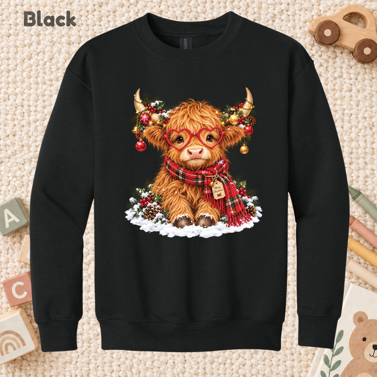 Christmas Highland Cow T-Shirt, Heart Glasses and Scarf Graphic Tee, Cute Holiday Shirt