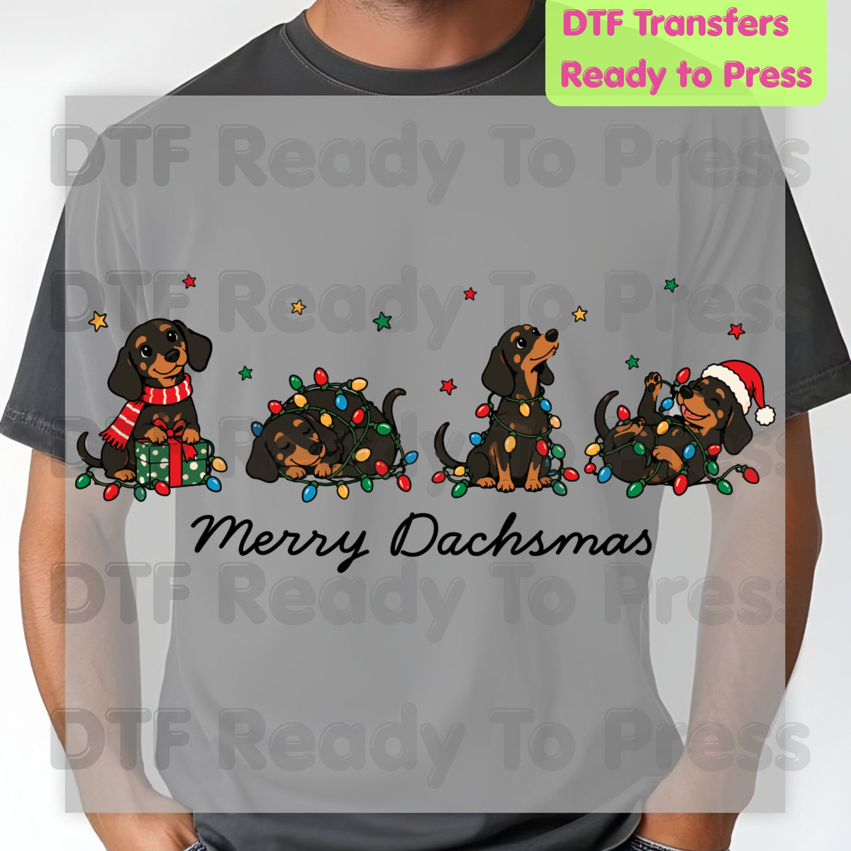Merry Dachsmas DTF Transfers, Dachshund Dogs Christmas Lights Funny Holiday Ready to Press