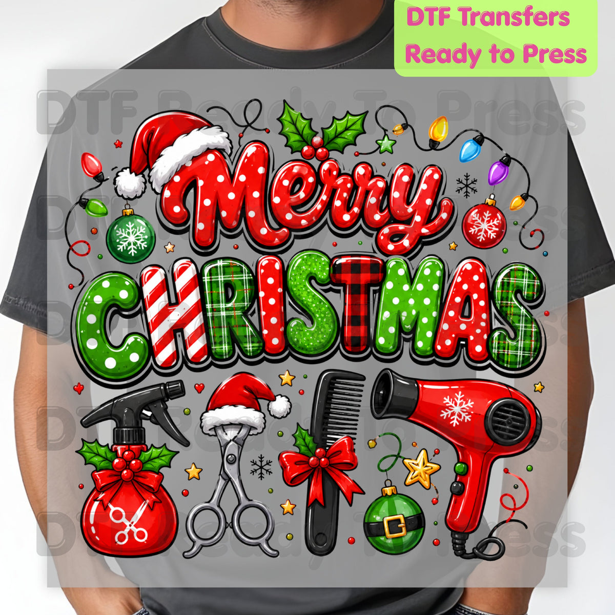 Merry Christmas Hairstylist DTF Transfers, Salon Holiday Scissors Hair Dryer Hairdresser Ready to Press