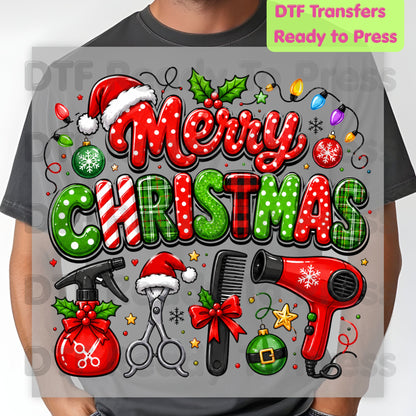 Merry Christmas Hairstylist DTF Transfers, Salon Holiday Scissors Hair Dryer Hairdresser Ready to Press