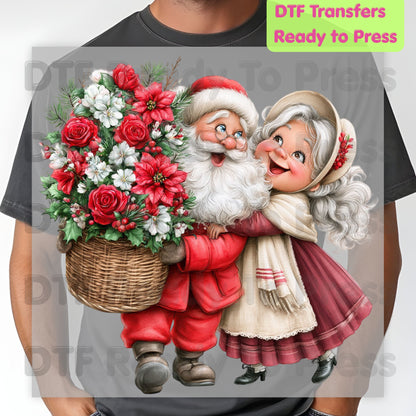 Santa Mrs Claus DTF Transfers, Vintage Christmas Couple Flowers Holiday Ready to Press