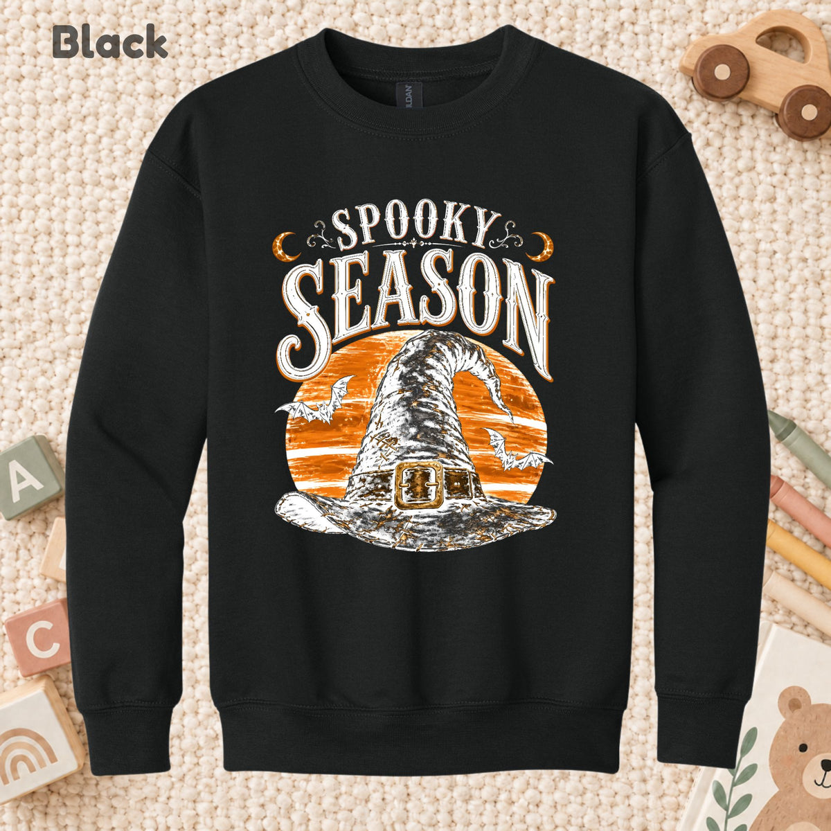 Spooky Season Vintage Witch Hat T-Shirt, Halloween Orange Moon Bats Tee for Toddler and Kids