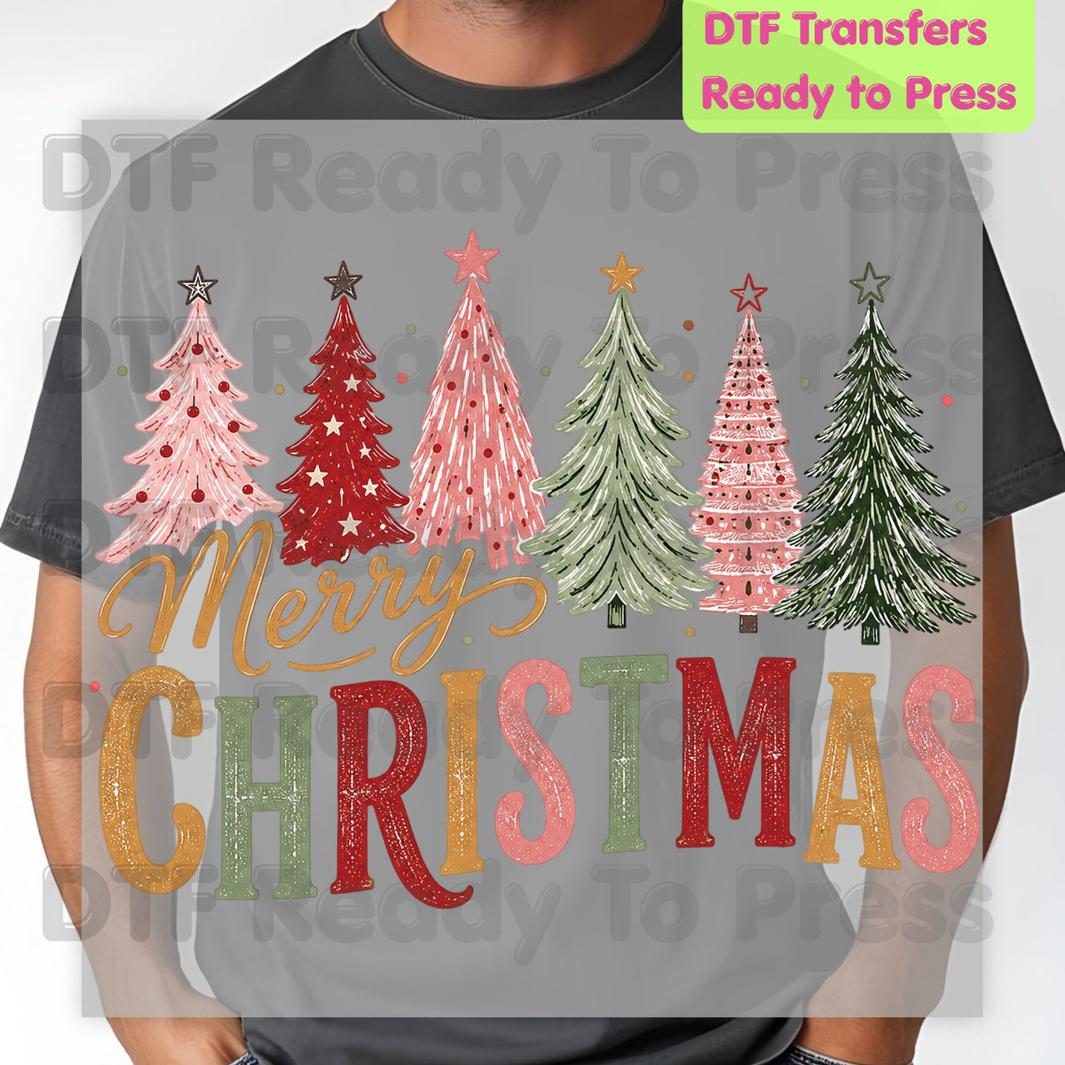 Christmas DTF Transfer, Colorful Christmas Trees, Gold Script