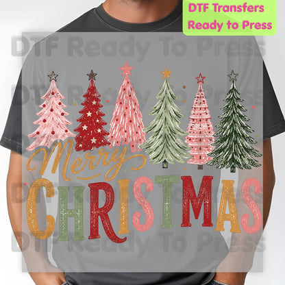 Christmas DTF Transfer, Colorful Christmas Trees, Gold Script