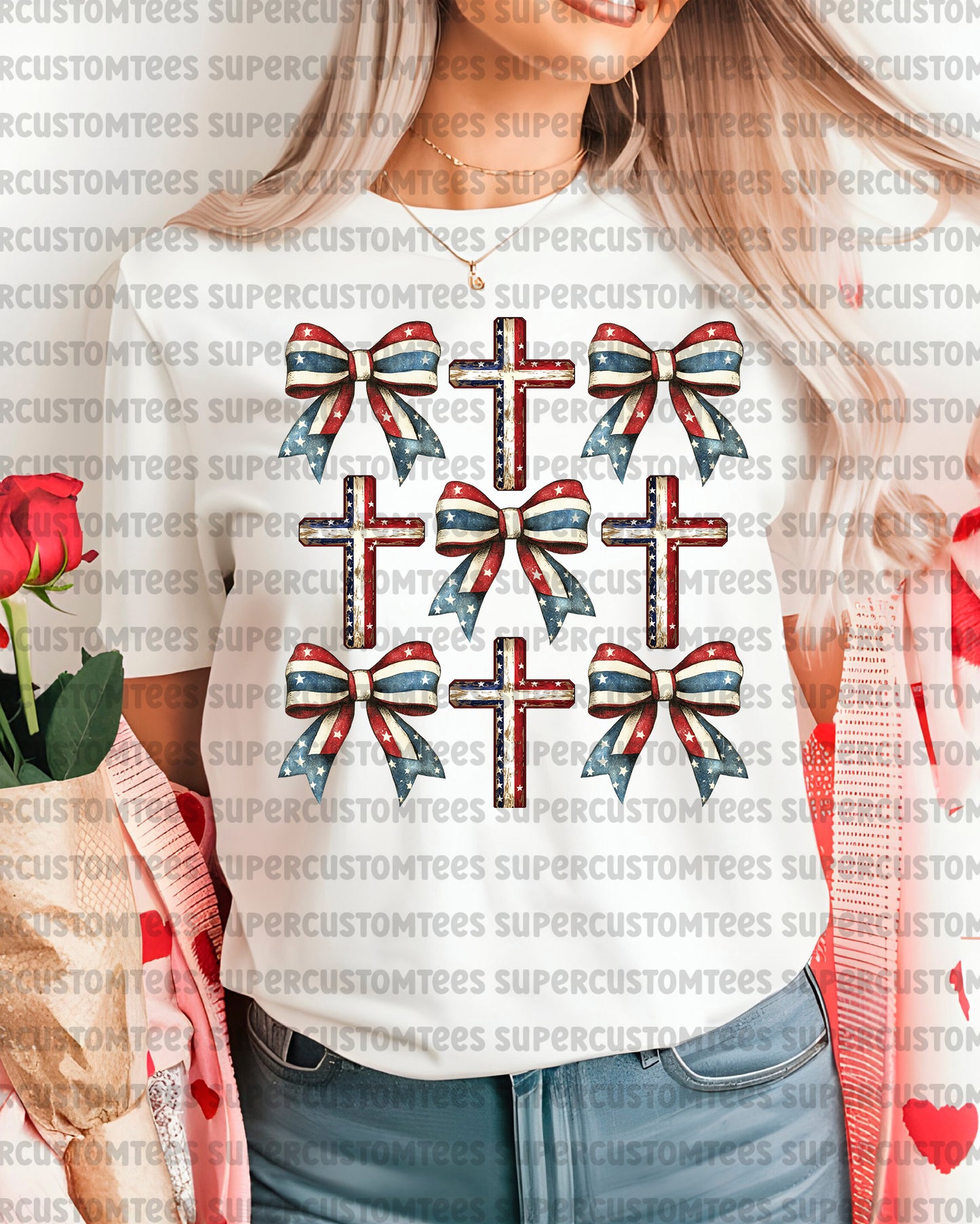 4th of July Christian Cross Coquette Heat Transfer for Shirts