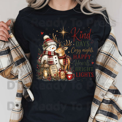 Kind Days Cozy Nights DTF Transfers, Snowman Reindeer Cute Christmas Holiday Ready to Press