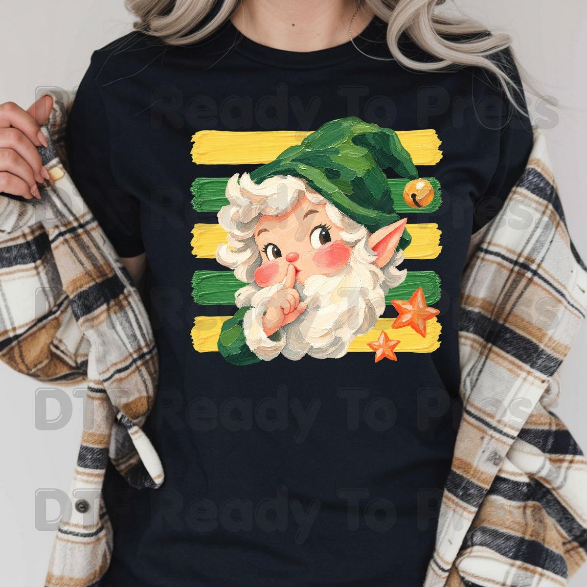 Vintage Shushing Gnome DTF Transfers, Elf Yellow Green Stripes Cute Christmas Holiday Ready to Press