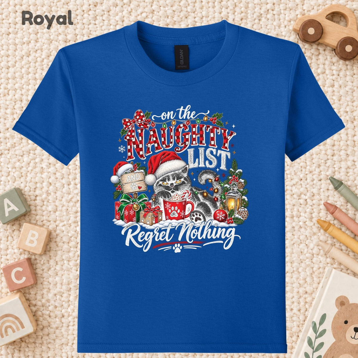 Naughty List Cat T-Shirt, Funny Christmas Black Cat Santa Hat Tee, Holiday Sweatshirt