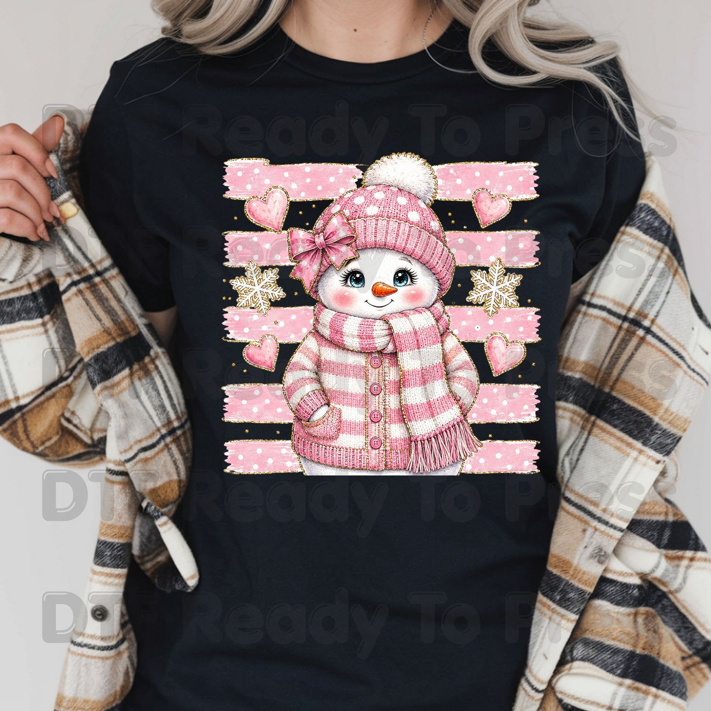 Cute Pink Snowgirl DTF Transfers, Winter Snowman Beanie Bow Pink Stripes Hearts Ready to Press