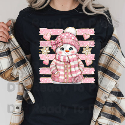 Cute Pink Snowgirl DTF Transfers, Winter Snowman Beanie Bow Pink Stripes Hearts Ready to Press