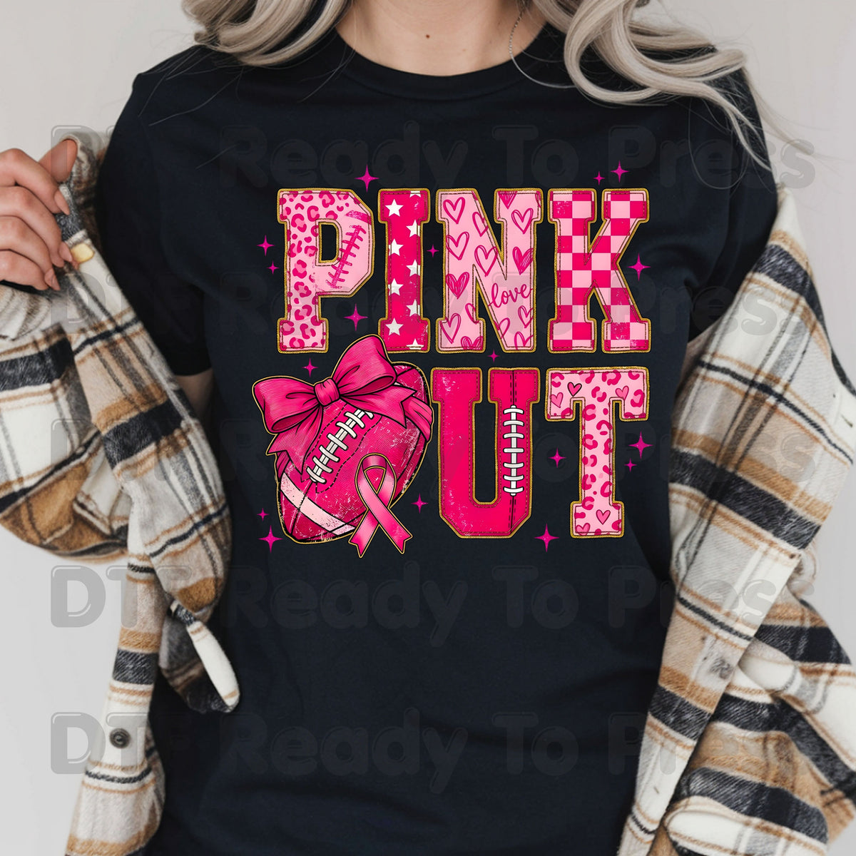 Pink Out DTF Transfers, Breast Cancer Awareness Football Coquette Bow Pink Ready to Press