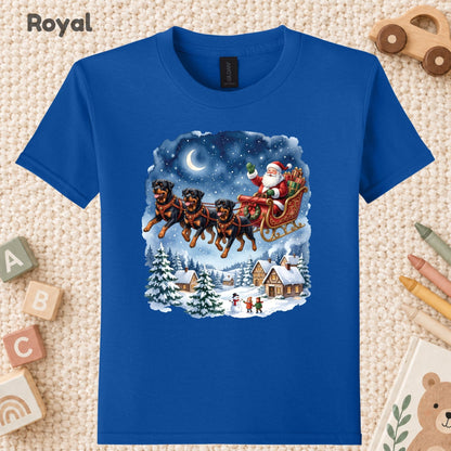 Rottweiler Christmas T-Shirt, Santa Sleigh with Flying Dogs Graphic Tee, Funny Dog Lover Holiday Shirt
