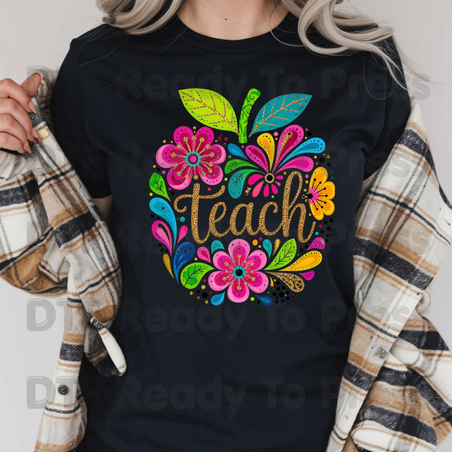 Teacher DTF Transfers, Teach Floral Apple Colorful Back to School Teacher Life Ready to Press