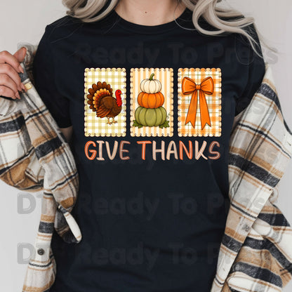 Thanksgiving DTF Transfer Ready to Press Give Thanks Turkey Stacked Pumpkins Coquette Bow Heat Transfer Shirts Autumn Clothing