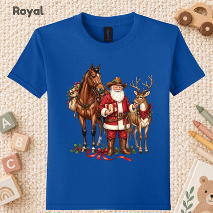 Cowboy Santa Christmas T-Shirt, Western Santa with Horse and Reindeer Graphic Tee, Country Holiday Shirt