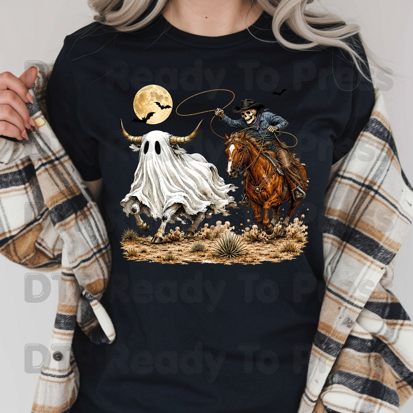Halloween DTF Transfers, Skeleton Cowboy Ghost Bull Lasso Western Spooky Rodeo Ready to Press