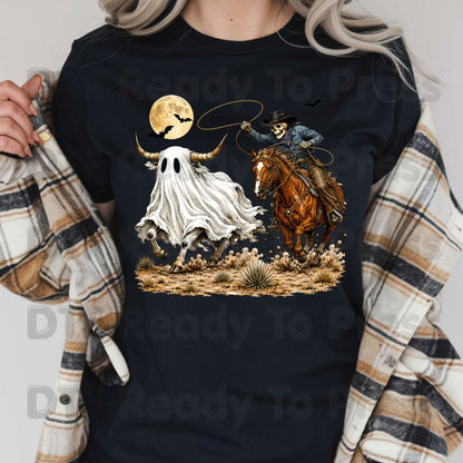 Halloween DTF Transfers, Skeleton Cowboy Ghost Bull Lasso Western Spooky Rodeo Ready to Press