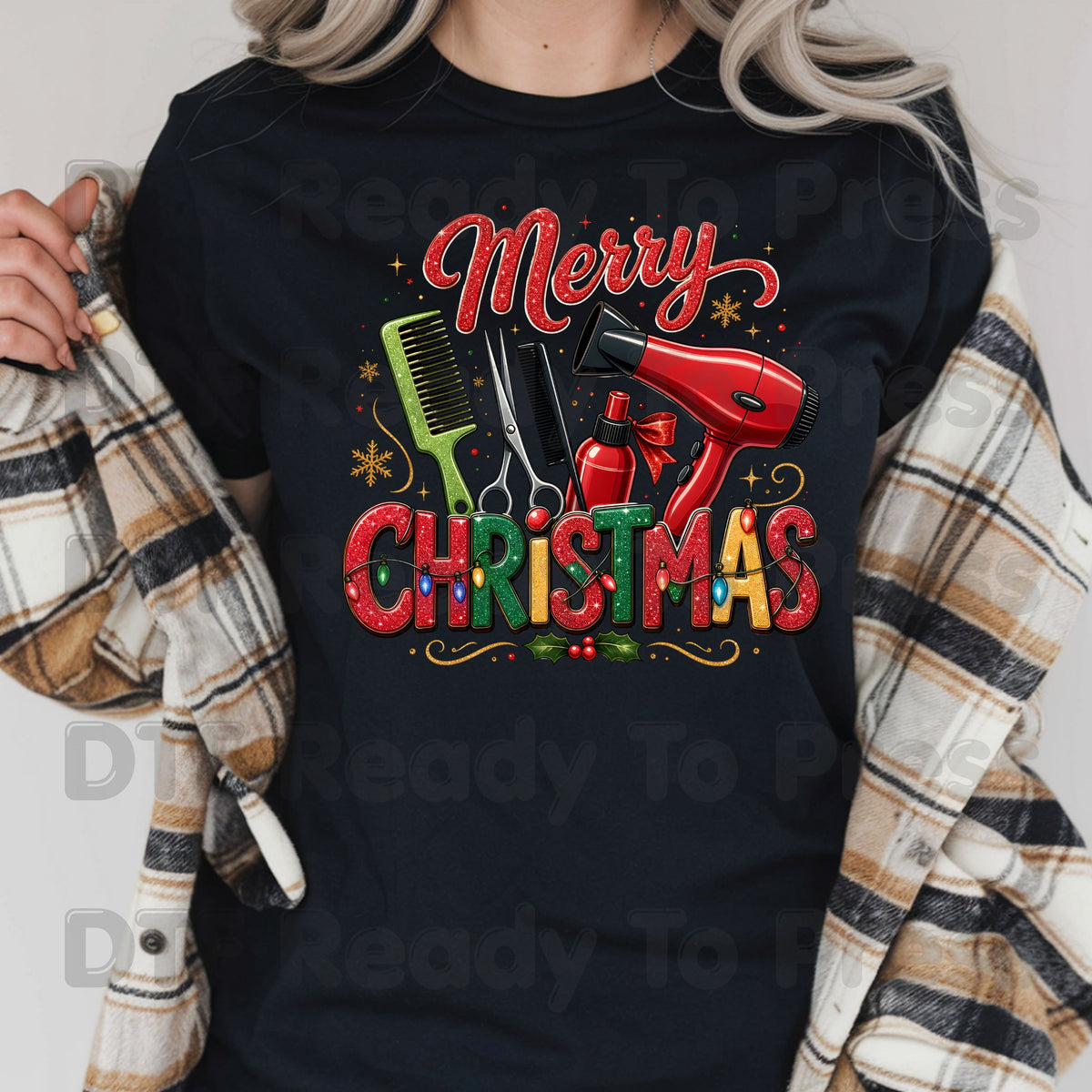 Merry Christmas Hairstylist DTF Transfers, Salon Scissors Dryer Comb Holiday Ready to Press