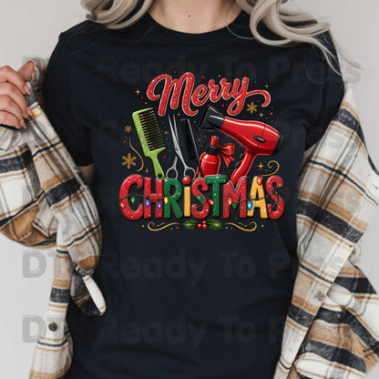 Merry Christmas Hairstylist DTF Transfers, Salon Scissors Dryer Comb Holiday Ready to Press