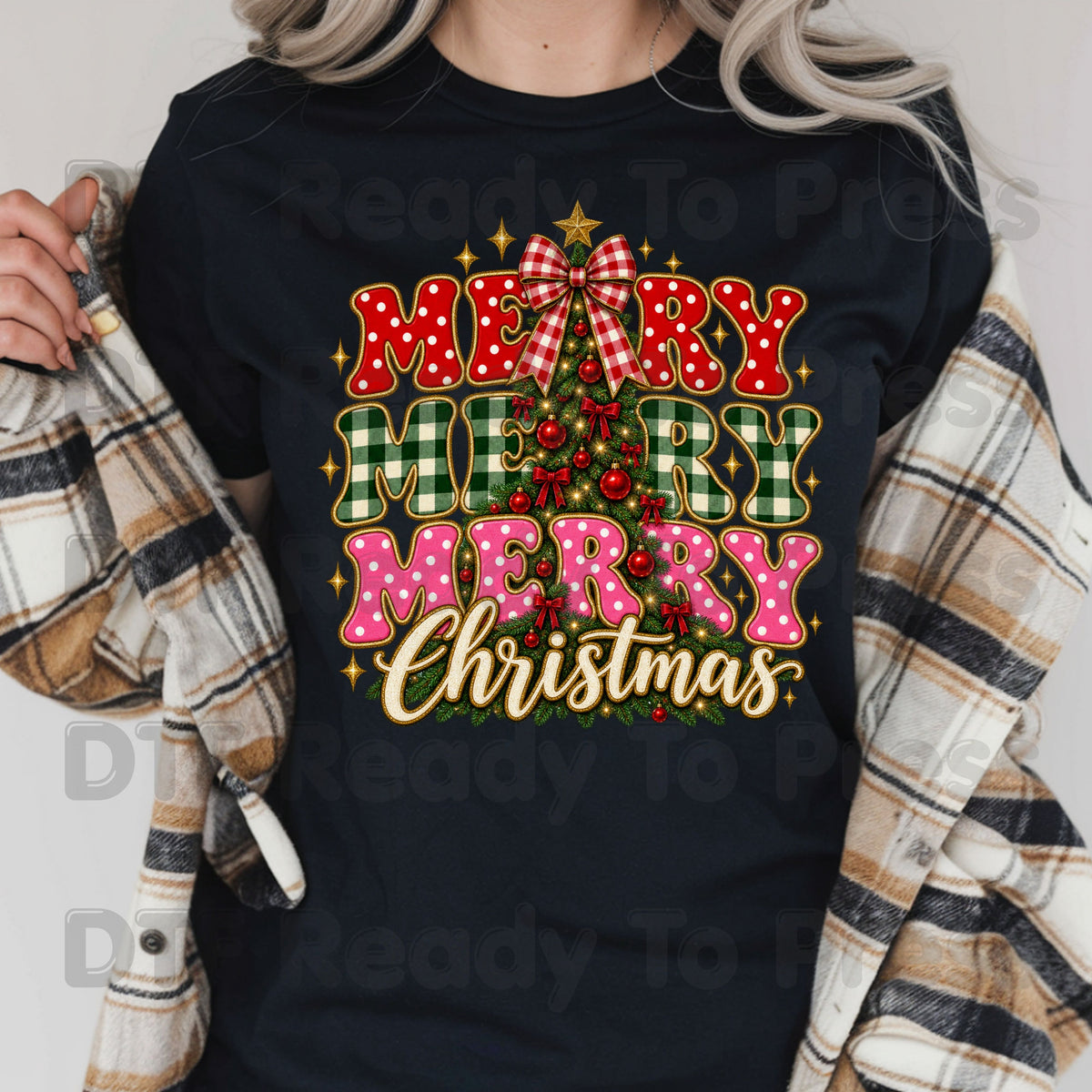 Merry Merry Christmas Tree DTF Transfers, Plaid Polka Dot Pink Holiday Ready to Press