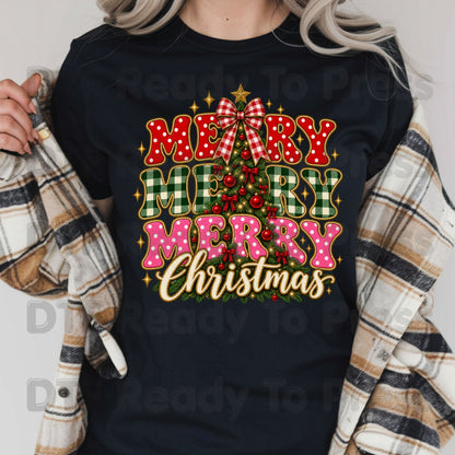Merry Merry Christmas Tree DTF Transfers, Plaid Polka Dot Pink Holiday Ready to Press