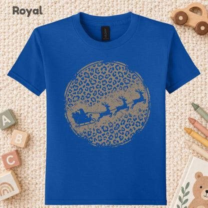 Leopard Print Santa Sleigh T-Shirt, Christmas Reindeer Graphic Tee, Trendy Holiday Shirt