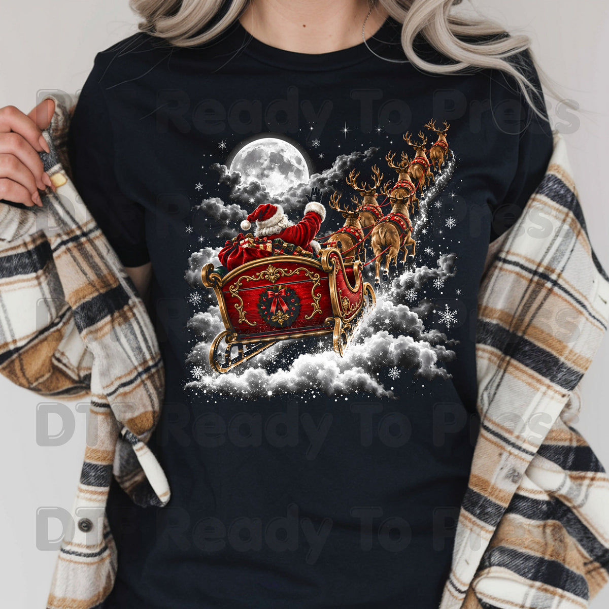 Santa Sleigh DTF Transfers, Flying Night Full Moon Vintage Reindeer Christmas Ready to Press