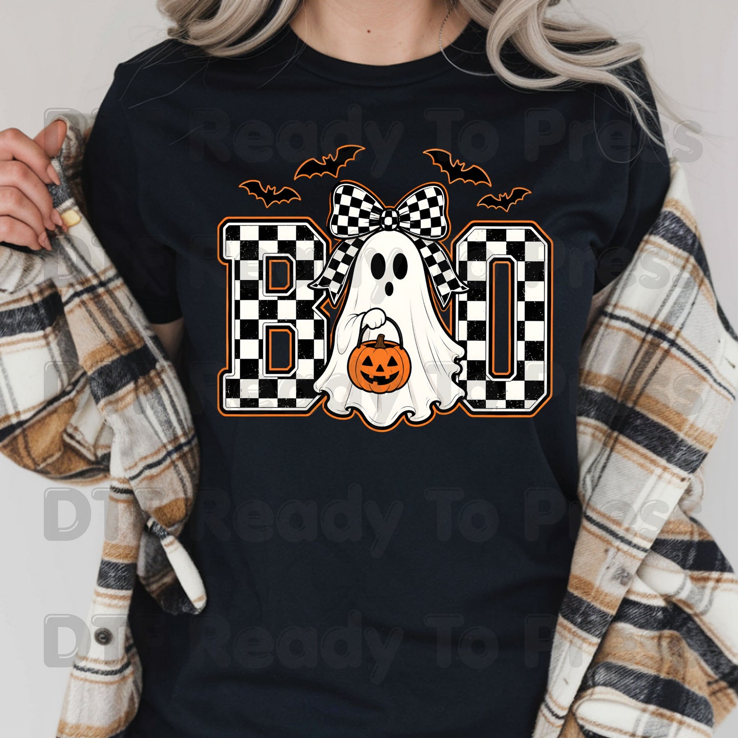 Boo Checkered Bow Ghost DTF Transfers, Halloween Pumpkin Bucket Bats Retro Ready to Press