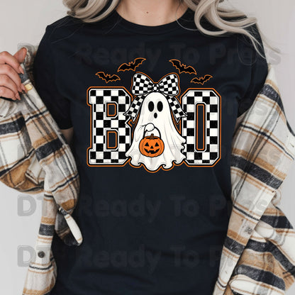 Boo Checkered Bow Ghost DTF Transfers, Halloween Pumpkin Bucket Bats Retro Ready to Press