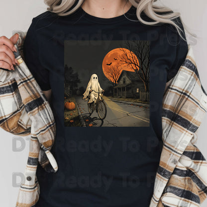 Ghost Riding Bike DTF Transfers, Orange Harvest Moon Haunted House Halloween Ready to Press