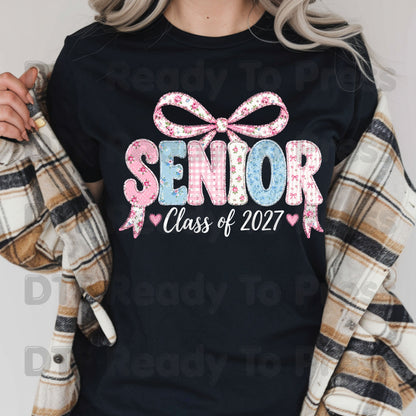 Senior Class of 2027 DTF Transfers, Coquette Ribbon Bow Floral Patchwork Senior Year Ready to Press