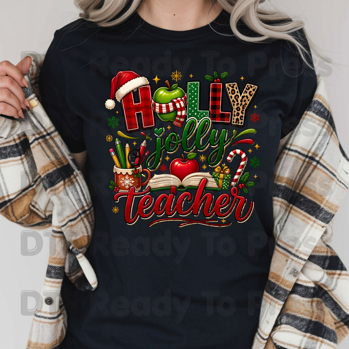 Holly Jolly Teacher DTF Transfers, Christmas School Apple Leopard Book Plaid Holiday Ready to Press