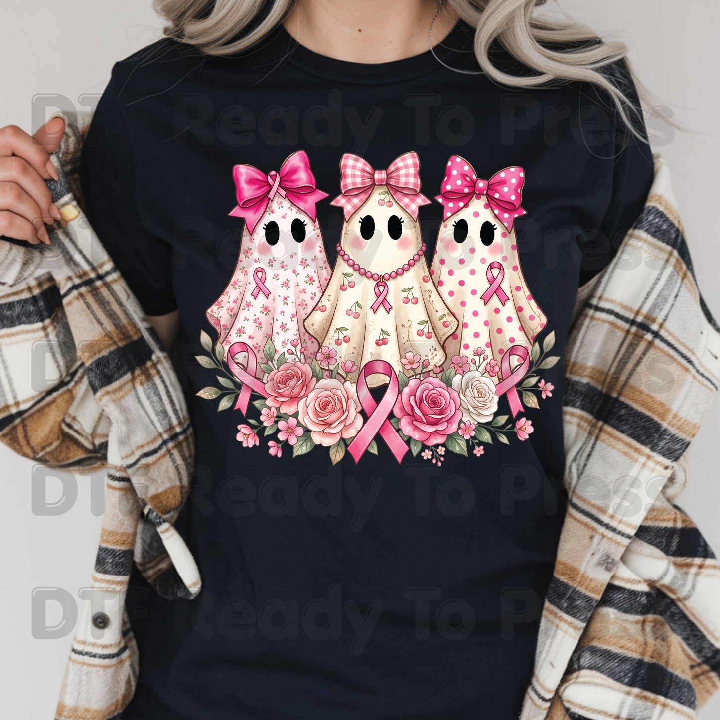 Pink Ghost Boo Crew Breast Cancer Awareness DTF Transfer Ready to Press Heat Transfer Floral Ribbon Tee