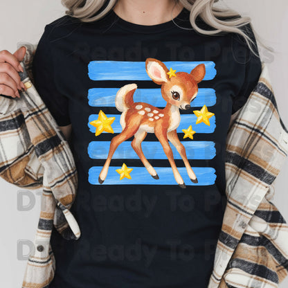 Vintage Baby Deer DTF Transfers, Fawn Stars Blue Stripes Cute Christmas Holiday Ready to Press