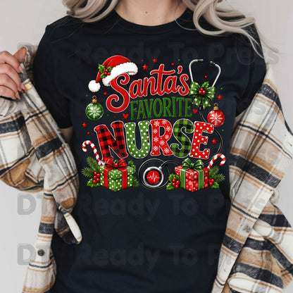 Santa's Favorite Nurse DTF Transfers, Christmas Medical Nursing Stethoscope Holiday Ready to Press