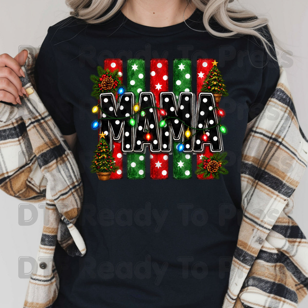 Christmas Mama DTF Transfers, Christmas Tree Lights Black Polka Dot Holiday Ready to Press