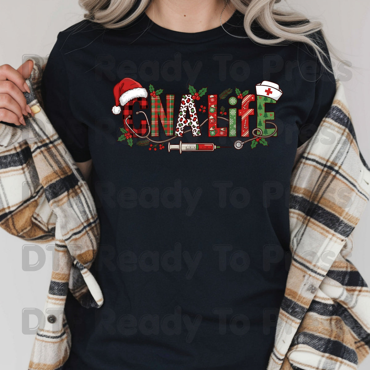 Christmas GNA Life DTF Transfers, Nursing Medical Plaid Leopard Stethoscope Holiday Ready to Press
