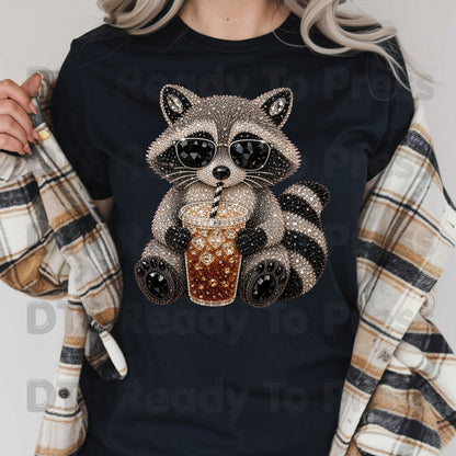 Cool Raccoon DTF Transfers, Sunglasses Iced Coffee Trash Panda Rhinestone Ready to Press