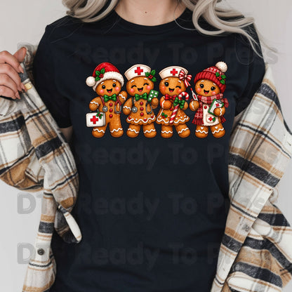 Christmas Gingerbread Nurse Team DTF Transfers, Medical Nursing Stethoscope Holiday Ready to Press