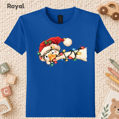 Funny Christmas Goose T-Shirt, Tangled Holiday Lights and Santa Hat Graphic Tee