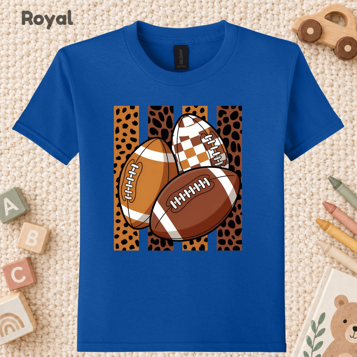 Leopard Football Game Day T-Shirt, Brown Checkered Football Season Tee for Youth