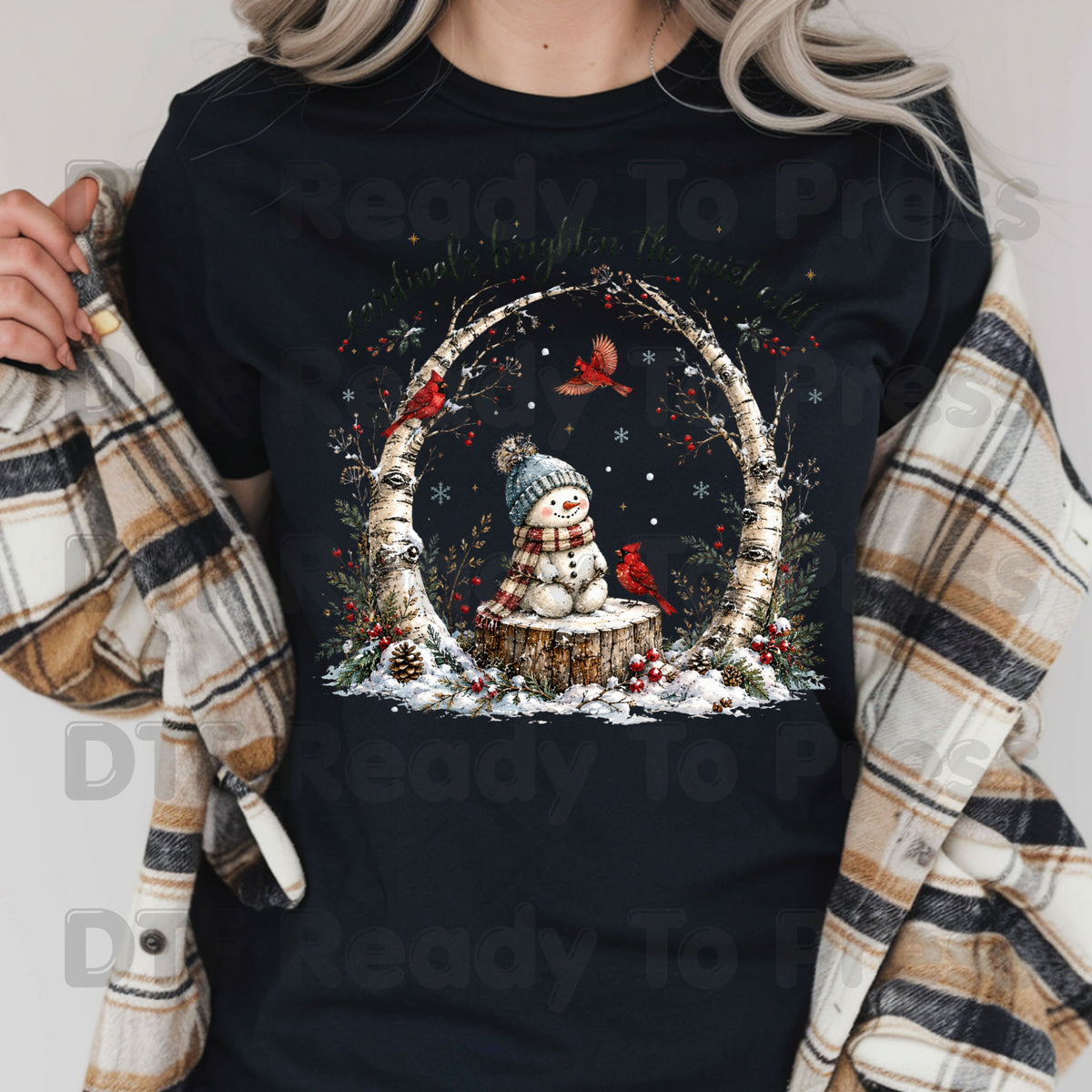 Winter DTF Transfers, Cardinals Snowman Brighten Quiet Cold Christmas Ready to Press
