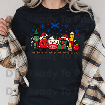 Christmas Teacher Squad DTF Transfers, Holiday School Crayon Cocoa Pencil Teacher Ready to Press