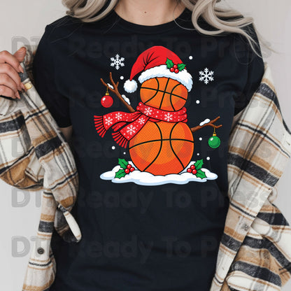 Christmas DTF Transfer, Basketball Snowman with Santa Hat and Scarf Graphic