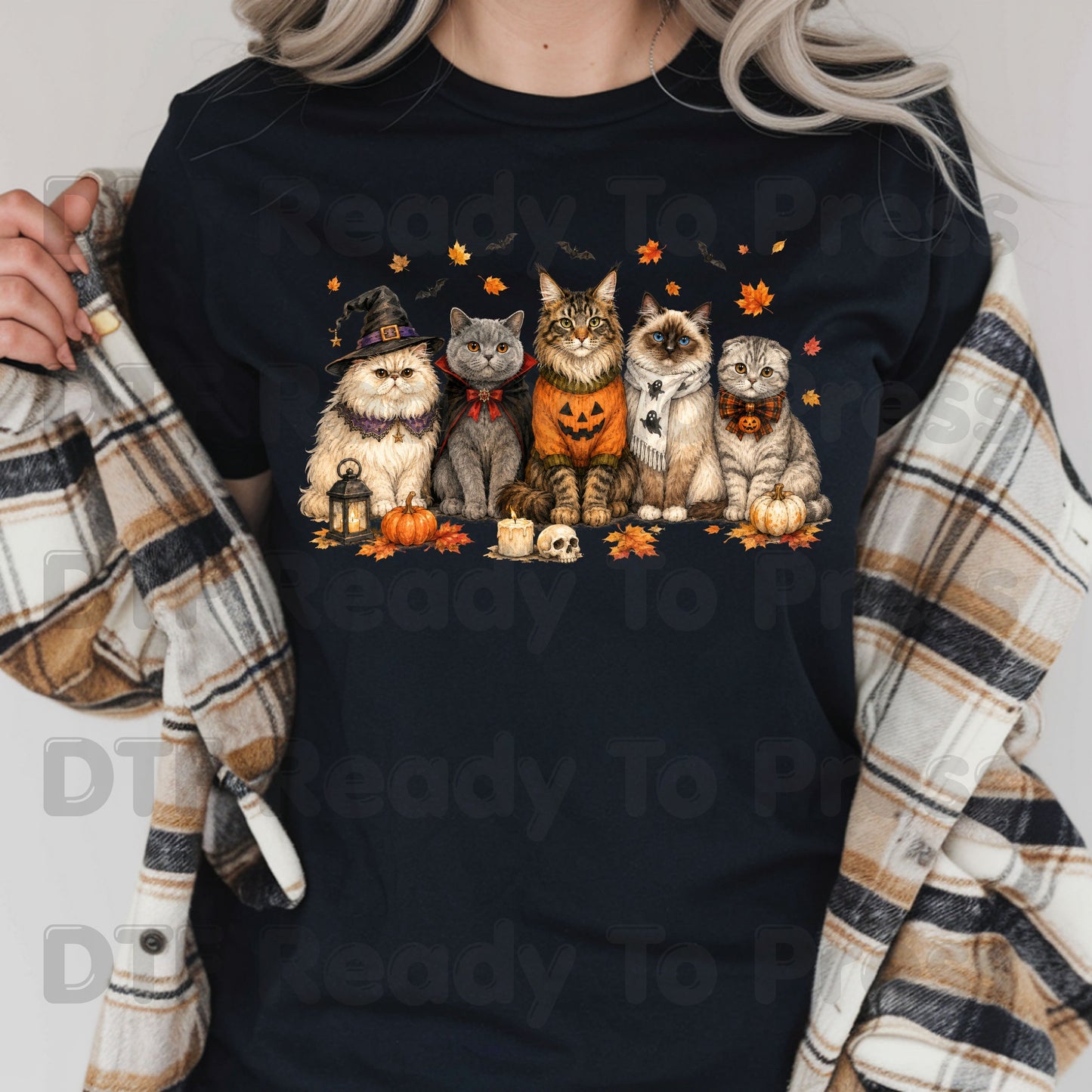 Halloween Cats DTF Transfer Ready to Press Witch Vampire Pumpkin Maine Coon Ragdoll Heat Transfer For Shirts Spooky Cat Gang Full Color