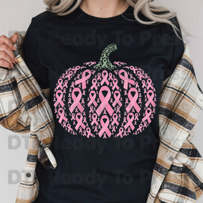 Pink Ribbon Pumpkin Breast Cancer Awareness DTF Transfer Ready to Press Fall Heat Transfer Tee
