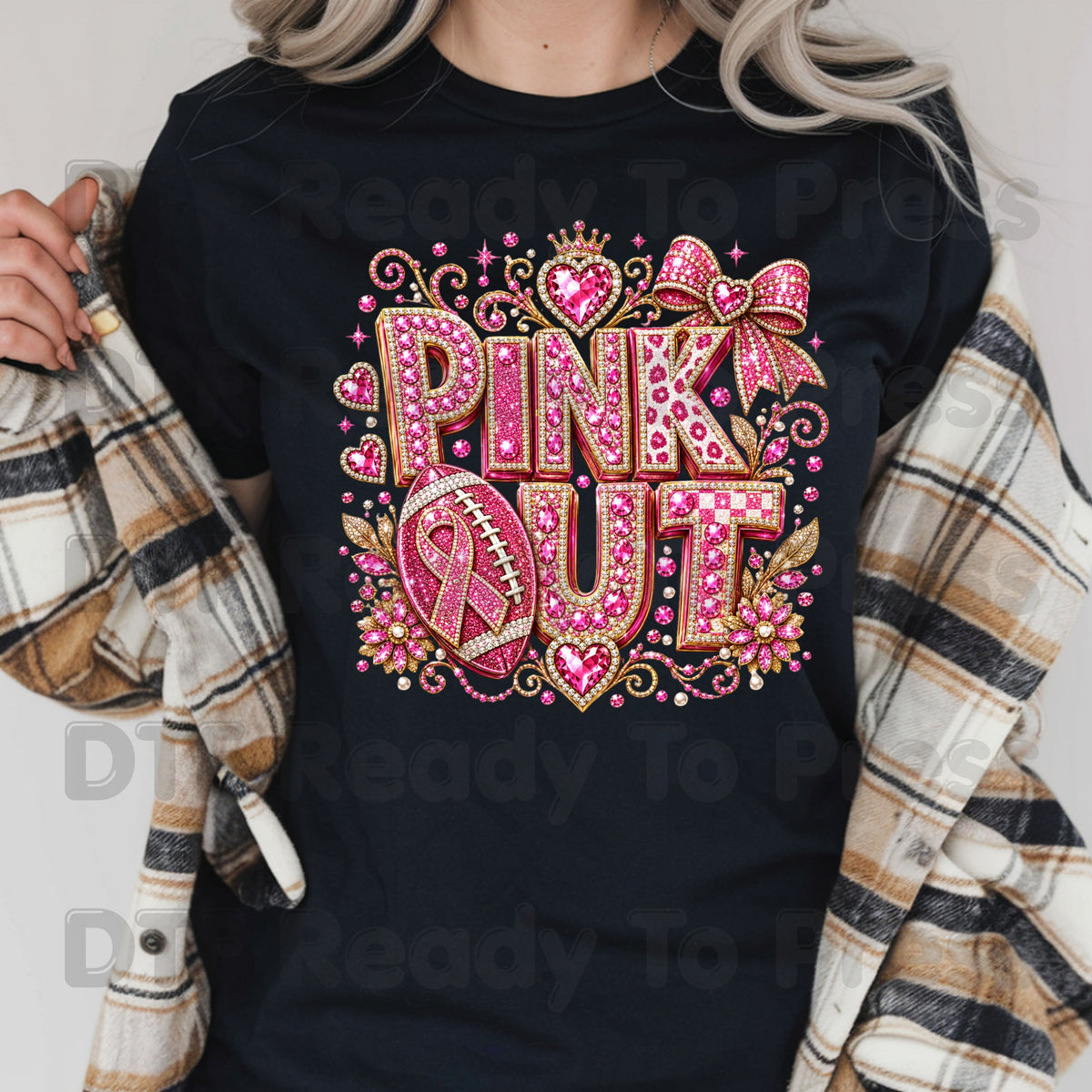 Pink Out DTF Transfers, Breast Cancer Awareness Glitter Football Pink Diamond Ribbon Crown Ready to Press